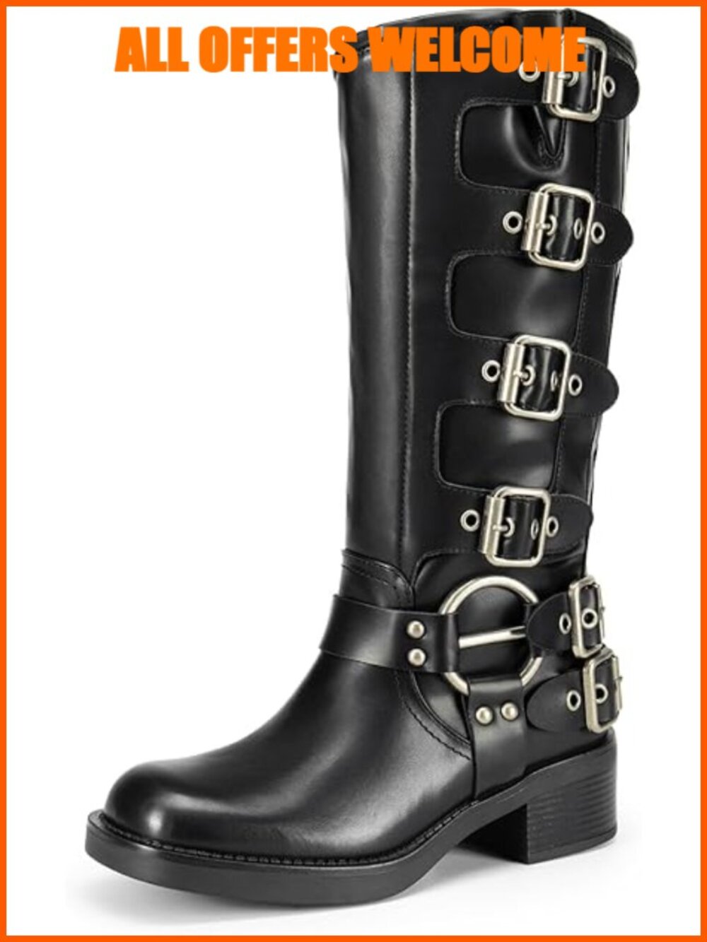 Knee High Riding Boots Square Toe Chunky Heel Side Zipper Faux Leather Biker